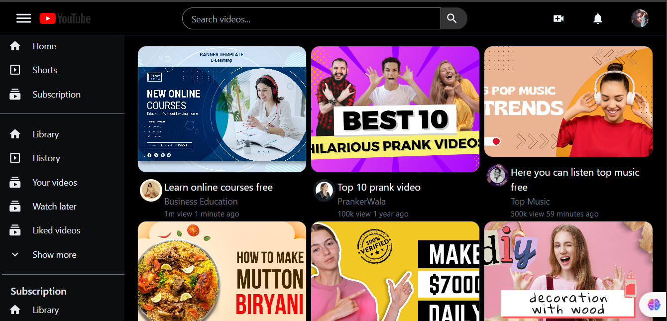 Screenshot of YouTube Clone